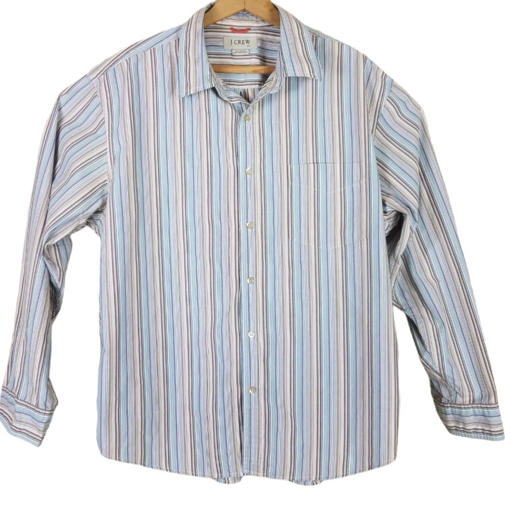 J. Crew White Blue Striped Casual Button Up Striped Long Sleeve Mens Dress Shirt